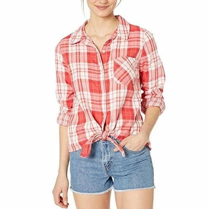 Sanctuary Linen Blend Boyfriend Shirt L Buffalo Check Plaid Cuffed Long Sleeve